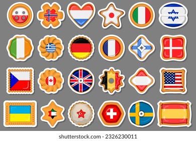 Set homemade cookie with flag country world in tasty biscuit, cookie consist of sign flag country world on natural biscuit, fresh biscuit cookie with flag country world it new collectible sweet food