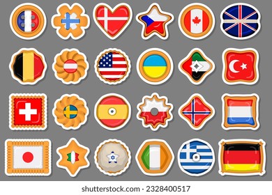 Set homemade cookie with flag country world in tasty biscuit, cookie consist of sign flag country world on natural biscuit, fresh biscuit cookie with flag country world it new collectible sweet food