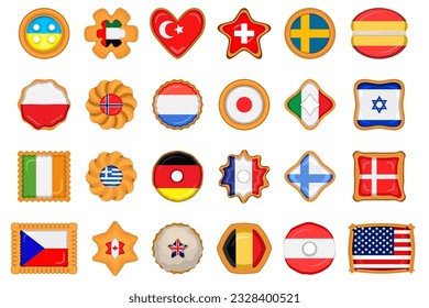 Set homemade cookie with flag country world in tasty biscuit, cookie consist of sign flag country world on natural biscuit, fresh biscuit cookie with flag country world it new collectible sweet food