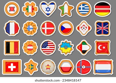 Set homemade cookie with flag country world in tasty biscuit, cookie consist of sign flag country world on natural biscuit, fresh biscuit cookie with flag country world it new collectible sweet food