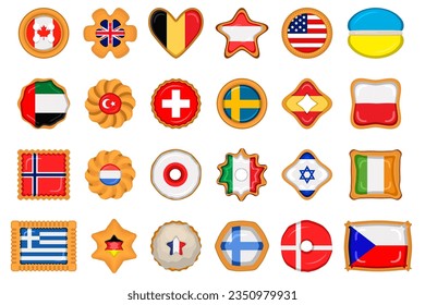 Set homemade cookie with flag country world in tasty biscuit, cookie consist of sign flag country world on natural biscuit, fresh biscuit cookie with flag country world it new collectible sweet food