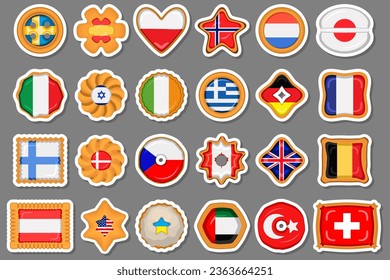 Set homemade cookie with flag country world in tasty biscuit, cookie consist of sign flag country world on natural biscuit, fresh biscuit cookie with flag country world it new collectible sweet food