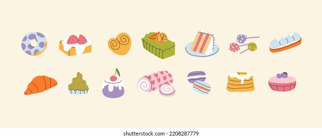 Set of homemade desserts. Delicious sweets or pastry. Croissant, chocolate biscuit, macaroons, cake, cupcake, cookies, donut, roll, candy, muffin. Cartoon party snacks. Recipes with sugar illustration