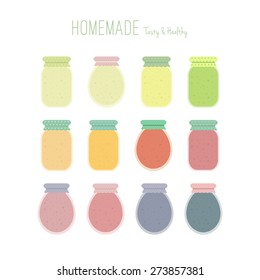 Set of homemade fruit jam or juice jars icons isolated on white background. Vector elements in flat for design. Colorful mason jars
