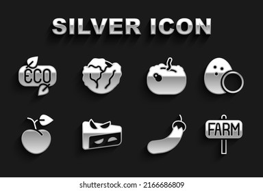 Set Homemade fruit pie, Coconut, Location farm, Eggplant, Peach or nectarine, Pumpkin, Leaf Eco symbol and Cabbage icon. Vector