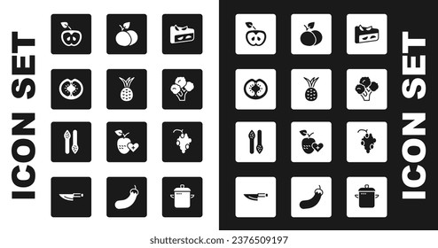 Set Homemade fruit pie, Pineapple, Tomato, Apple, Broccoli, Mango, Grape and Asparagus icon. Vector