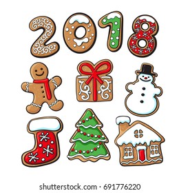 Conjunto de galletas de jengibre caseras - elementos navideños y números 2018, esbozar ilustración vectorial aislada en fondo blanco. Galletas de pan de jengibre de Navidad - Elementos de Navidad y 2 0 1 8 números