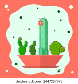 Set of homemade green cacti in pink pot. Flowering cacti. Pink background with circles. Vector.