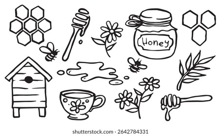 set with homemade honey, beekeeping. cute doodle illustrations