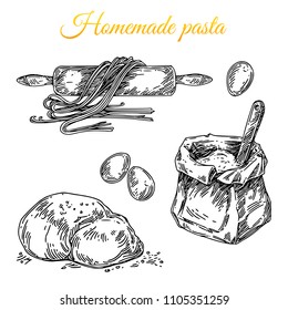 Set for homemade pasta. Rolling pin, bag of flour, eggs and dough. Engraving style. Vector illustration.