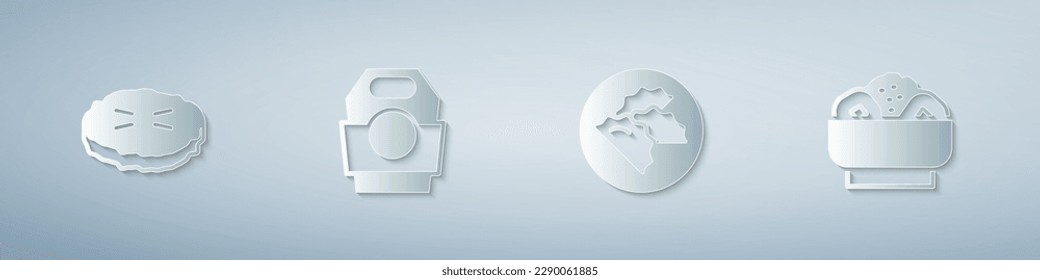 Set Homemade pie, Asian noodles in paper box, Dumpling and Chow mein on plate. Paper art style. Vector