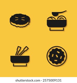 Set Homemade pie, Asian noodles in bowl and Ramen soup icon with long shadow. Vector