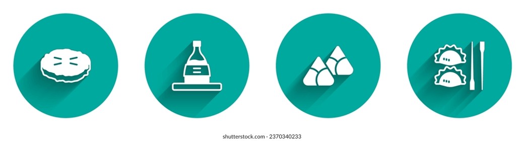 Set Homemade pie, Bottle of sake, Zongzi in bamboo steamer and Dumpling with chopsticks icon with long shadow. Vector