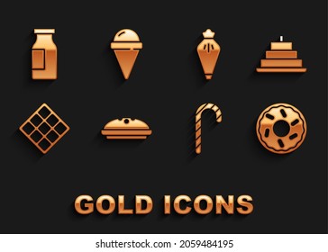 Set Homemade pie, Cake with burning candles, Donut, Christmas candy cane, Waffle, Pastry bag, Bottle milk and Ice cream waffle cone icon. Vector