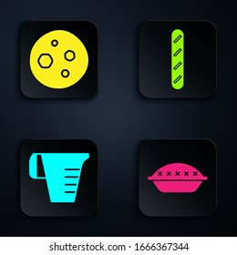 Set Homemade pie , Cookie or biscuit with chocolate , Measuring cup and French baguette bread . Black square button. Vector