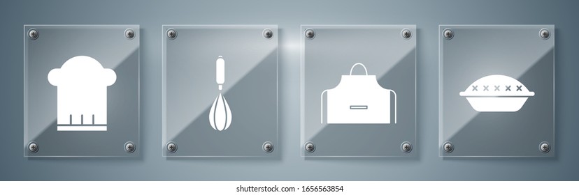 Ponga pastel casero , Mancha de cocina , whisky de cocina y sombrero de chef . Paneles de vidrio cuadrado. Vector
