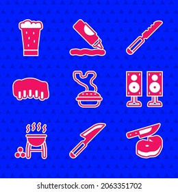 Set Homemade Pie, Knife, Steak Meat And Knife, Stereo Speaker, Barbecue Grill, Grilled Pork Bbq Ribs, Bread And Glass Of Beer Icon. Vector