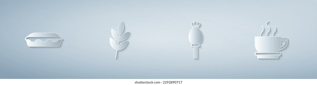 Pruebe la tarta casera, la hoja, la amapola de opio y la taza de café. Estilo de arte de papel. Vector