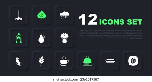 Set Homemade pie, Leaf, Pear, Winter hat,  and Coffee cup icon. Vector