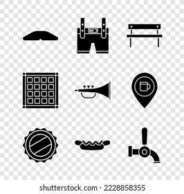 Set Homemade pie, Lederhosen, Bench, Bottle cap, Hotdog sandwich, Beer tap, Checkered napkin and Musical instrument trumpet icon. Vector