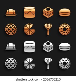 Set Homemade pie, Macaron cookie, Donut, Lollipop, Brownie chocolate cake, Jelly and Cake icon. Vector