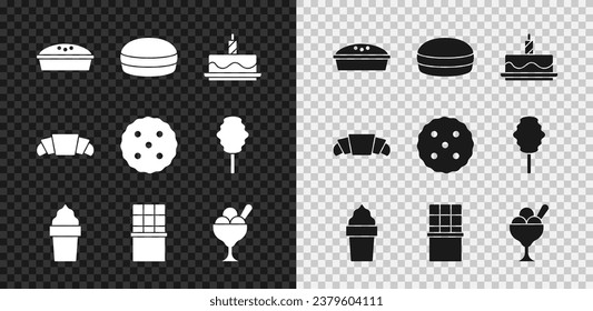 Set Homemade pie, Macaron cookie, Cake with burning candles, Ice cream waffle cone, Chocolate bar, bowl, Croissant and Cookie or biscuit icon. Vector