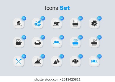 Set Homemade pie, Mochi, Chicken egg with vegerables, Food chopsticks, Served fish on plate, Asian noodles in bowl, Chinese tea and Sushi icon. Vector