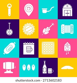 Set Homemade pie, Retro wall watch, Accordion, Smoking pipe, Bottle cap, Banjo, opener and Violin icon. Vector