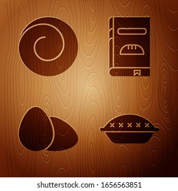 Set Homemade pie , Roll bun with cinnamon , Chicken egg  and Cookbook  on wooden background. Vector
