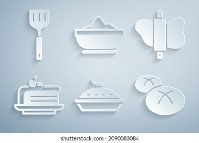 Set Homemade pie, Rolling pin on dough, Piece of cake, Bread loaf, Flour bowl and Spatula icon. Vector