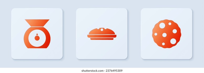 Set Homemade pie, Scales and Cookie or biscuit. White square button. Vector