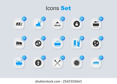 Set Homemade pie, Served cucumber on plate, Roasted turkey or chicken, Wonton, Fish steak, Sushi, with sliced pieces and Rice in bowl icon. Vector