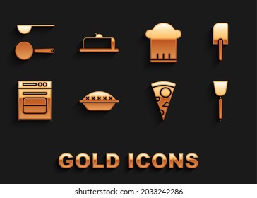 Set Homemade pie, Spatula, Slice of pizza, Oven, Chef hat, Measuring spoon and Strawberry cheesecake slice icon. Vector