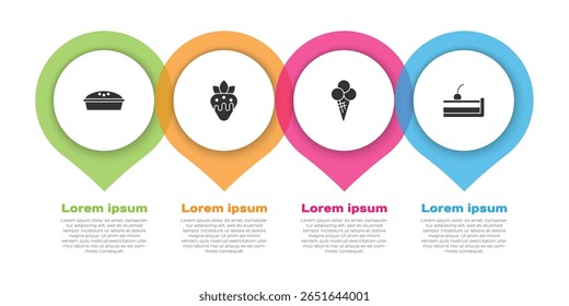 Set Homemade pie, Strawberry in chocolate, Ice cream waffle cone and Cherry cheesecake. Business infographic template. Vector