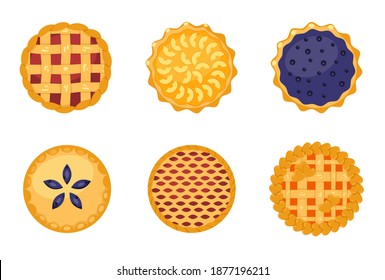 A set of homemade pies with different fruit fillings. Pie with apple, pumpkin, blueberry, raspberry and strawberry. Flat vector illustration isolated on white background. Top view.