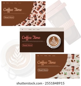 A set of homepage templates for a coffee-themed website. Deep brown tones, coffee images, and modern typography make the design ideal for brands promoting premium coffee products.