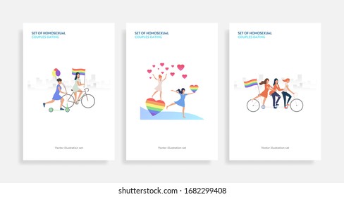 Set of homosexual couples dating. Flat vector illustrations of homosexuals with rainbow hearts. LGBT concept for banner, website design, landing web page