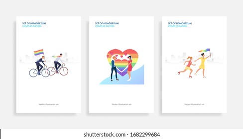 Set of homosexual couples dating. Flat vector illustrations of homosexuals with rainbow hearts. LGBT concept for banner, website design, landing web page