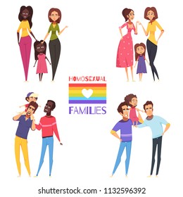 Set of homosexual families with children, gay and lesbian couples, lgbt flag isolated vector illustration