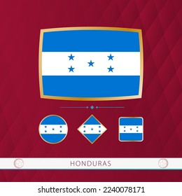 Set of Honduras flags with gold frame for use at sporting events on a burgundy abstract background. Vector collection of flags.