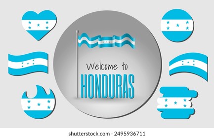Set of Honduras flags and waving Honduras flag in vector with the inscription Welcome to Honduras!
