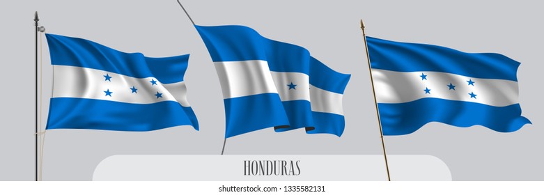 Set of Honduras waving flag on isolated background vector illustration. 3 blue white realistic flag as a patriotic symbol 