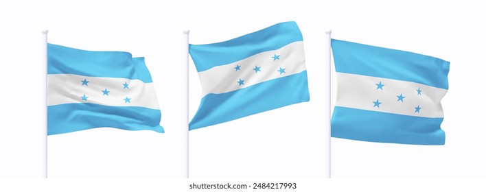 Conjunto de Honduras ondeando bandera en asta de bandera. Bandera de diseño 3d realista vuela en el viento sobre fondo blanco aislado. Ilustración vectorial