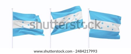 Set of Honduras waving flag on flagpole. Realistic 3d design flag flies on the wind on isolated white background. vector illustration