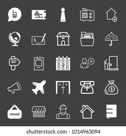 set of hone, coupon, chess, television, add house, globe, check, building, folder, umbrella, calendar, petrol station, road sign, loudspeaker, door, phone, money bag, closed, fireplace vector icon