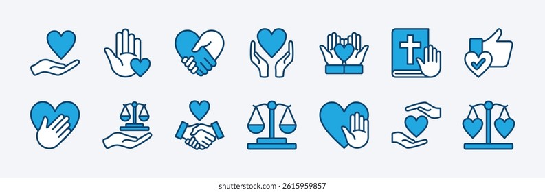 Set of honesty icon vector. Containing ethics, integrity, oath, friendship, handshake, trust, love, care, core value, sincerity, justice, principle, promise, transparency, relationship. Illustration