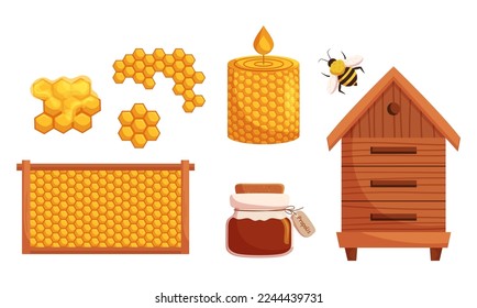Set Honey and Apiary Production or Equipment. Honeycombs, Bee Insect, Glass Jar, Candle, Wooden Hive, Organic Natural Sweets Isolated On White Background. Cartoon Vector Illustration