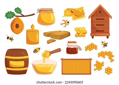 Set Honey and Apiary Production or Equipment. Honeycombs, Bee Hive, Glass Jar, Wax Candle, Wooden Honey Dipper, Barrel. Organic Natural Sweets Isolated On White Background. Cartoon Vector Illustration