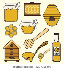 Set of Honey Apiary Simple Flat Line Illustration