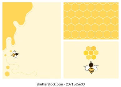 Conjunto de antecedentes de miel con dibujos animados de abejas en la colmena ilustración vectorial del peine de miel. 